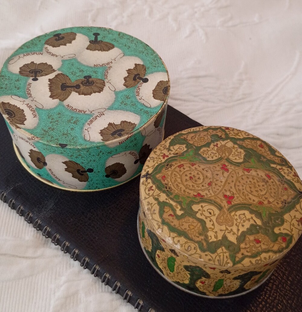 2 Vintage COTY round Powderpuff Boxes Turquoise and Gold Floral Design